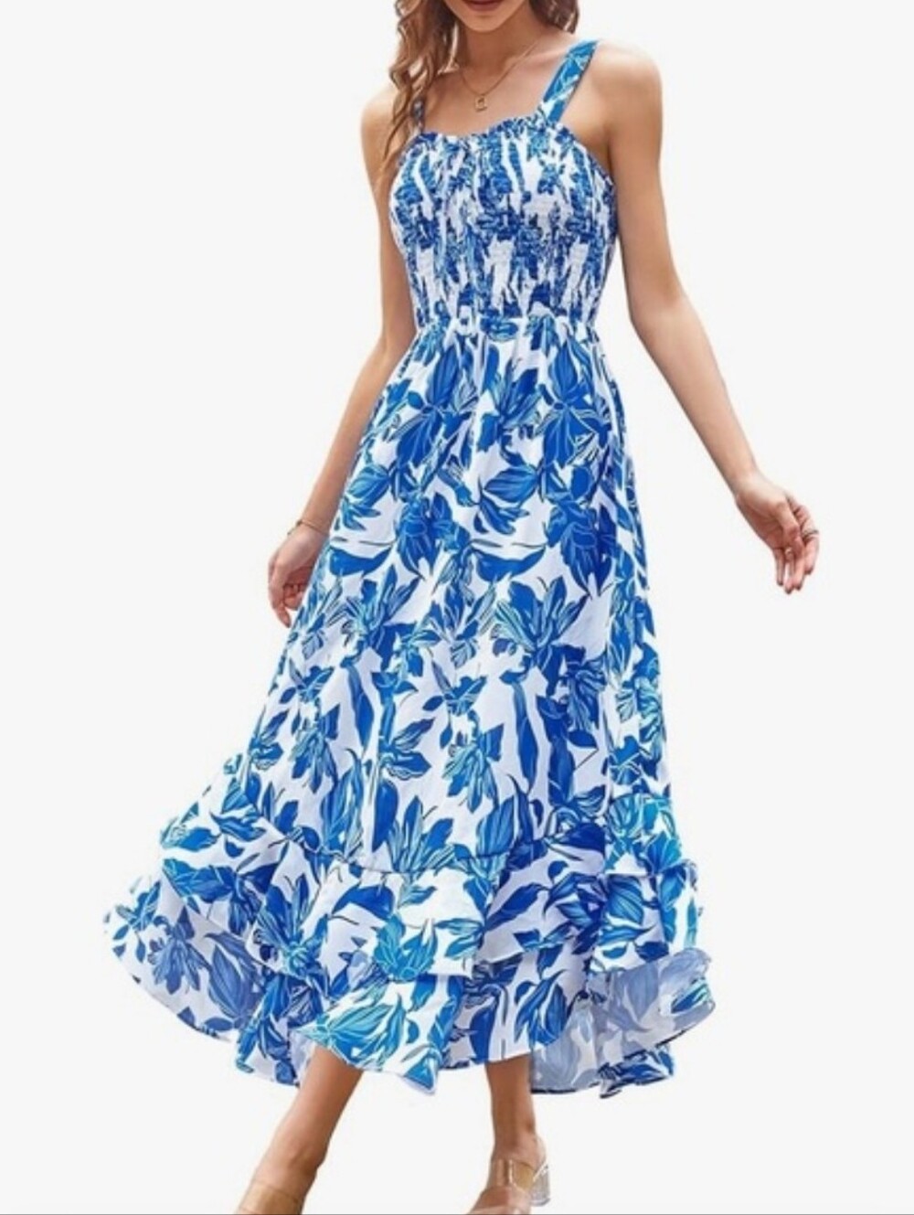 Grace Karin Blue Floral Spagetti Strap Smocked Midi Dress - Women
